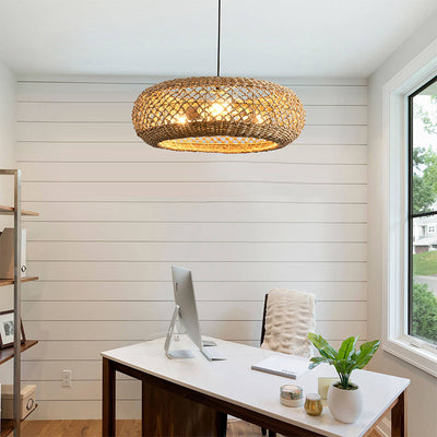 Traditional Farmhouse Rattan Weaving Round Cage Iron 3-Light Pendant Light For Living Room