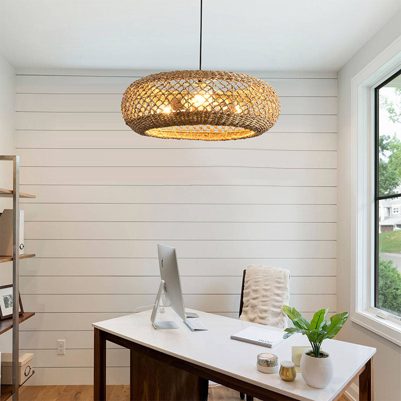 Traditional Farmhouse Rattan Weaving Round Cage Iron 3-Light Pendant Light For Living Room