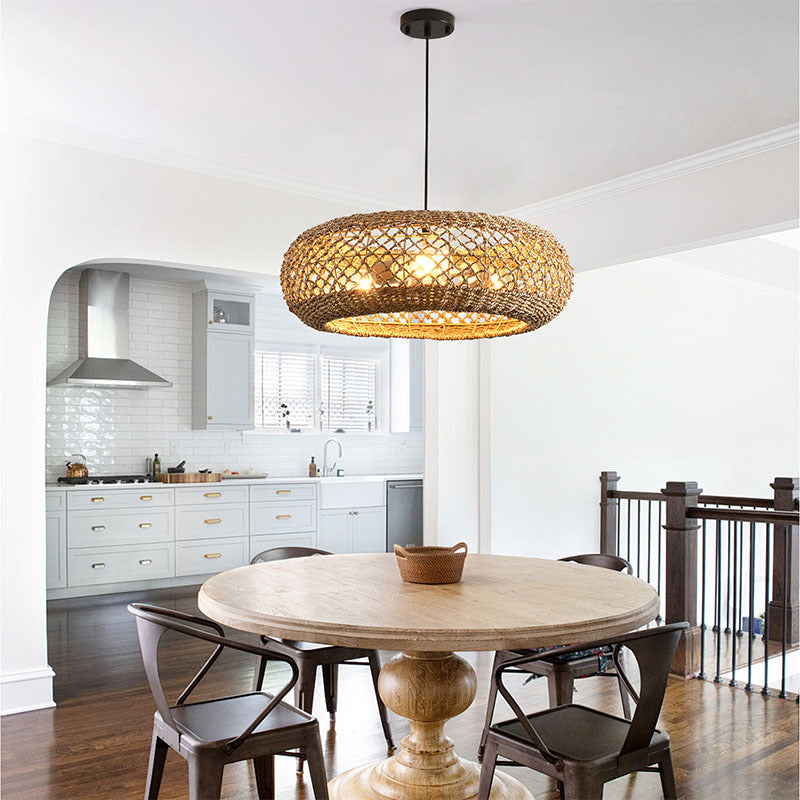 Traditional Farmhouse Rattan Weaving Round Cage Iron 3-Light Pendant Light For Living Room
