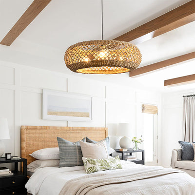 Traditional Farmhouse Rattan Weaving Round Cage Iron 3-Light Pendant Light For Living Room