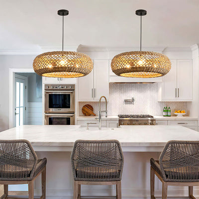 Traditional Farmhouse Rattan Weaving Round Cage Iron 3-Light Pendant Light For Living Room
