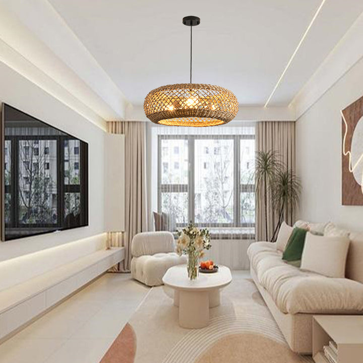 Lámpara colgante de 3 luces de hierro con jaula redonda de tejido de ratán de casa de campo tradicional para sala de estar 