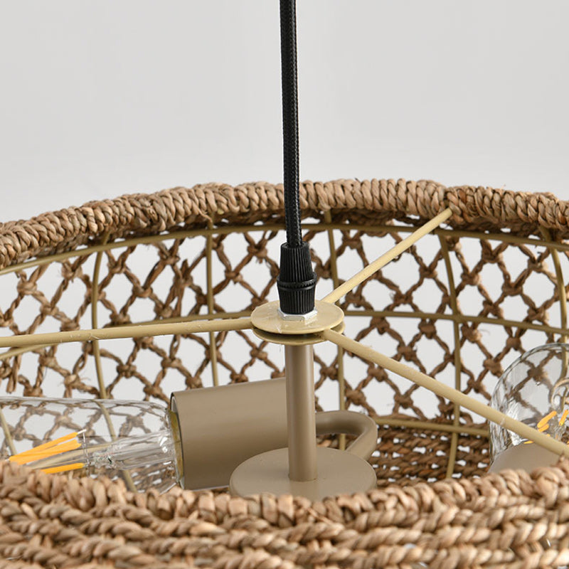 Traditional Farmhouse Rattan Weaving Round Cage Iron 3-Light Pendant Light For Living Room