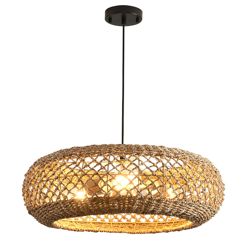 Traditional Farmhouse Rattan Weaving Round Cage Iron 3-Light Pendant Light For Living Room