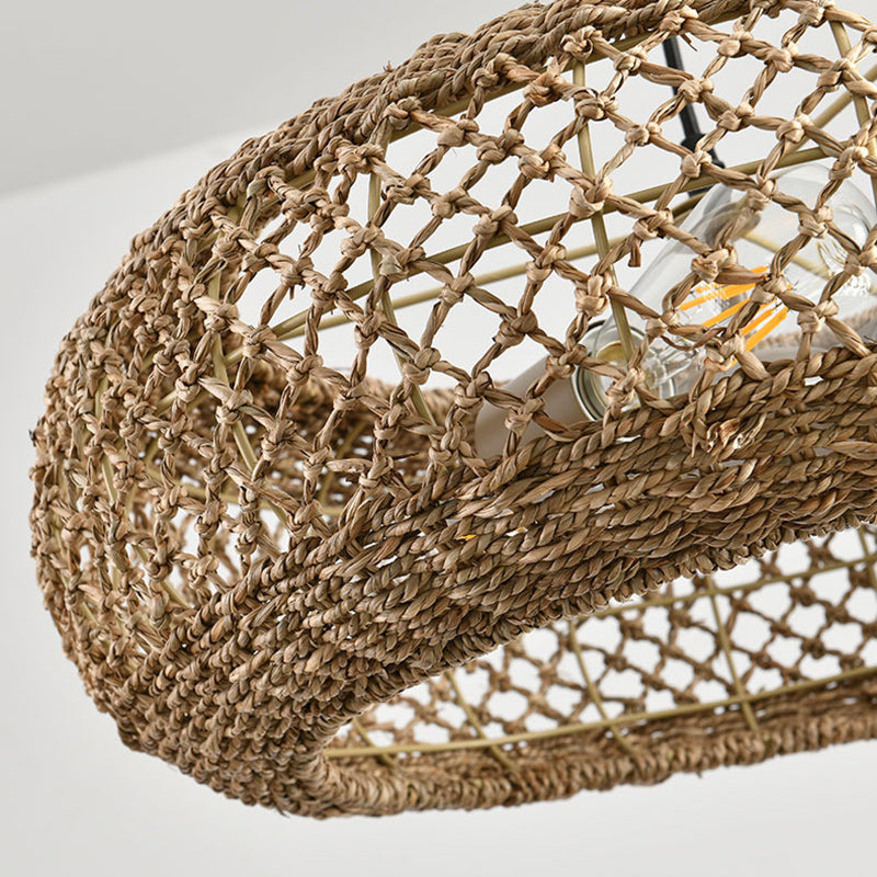 Traditional Farmhouse Rattan Weaving Round Cage Iron 3-Light Pendant Light For Living Room