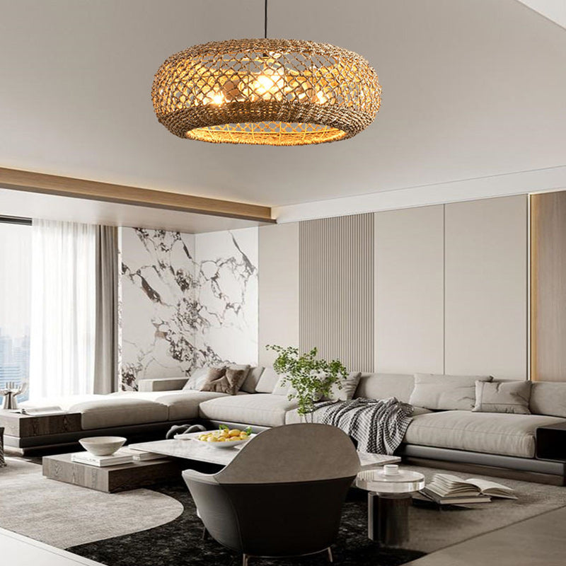Traditional Farmhouse Rattan Weaving Round Cage Iron 3-Light Pendant Light For Living Room