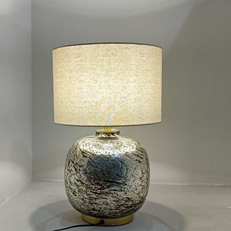 Modern Shabby Chic Glass Imitating Rock Stone Texture Fabric Round Shade 1-Light Table Lamp For Bedroom