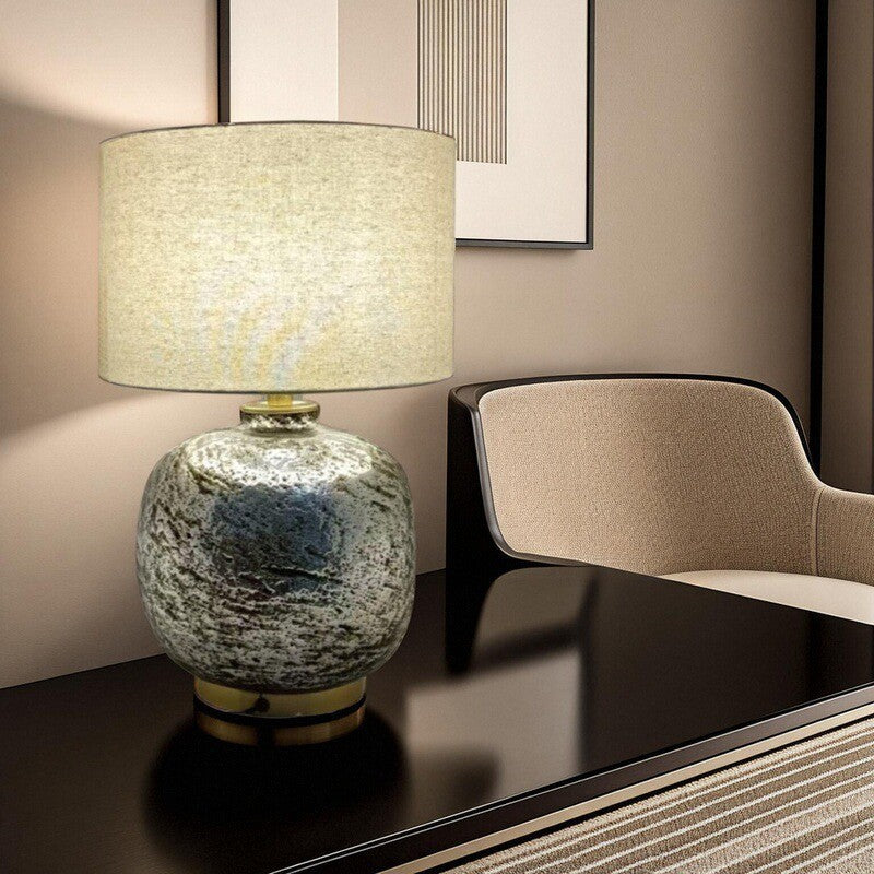 Modern Shabby Chic Glass Imitating Rock Stone Texture Fabric Round Shade 1-Light Table Lamp For Bedroom