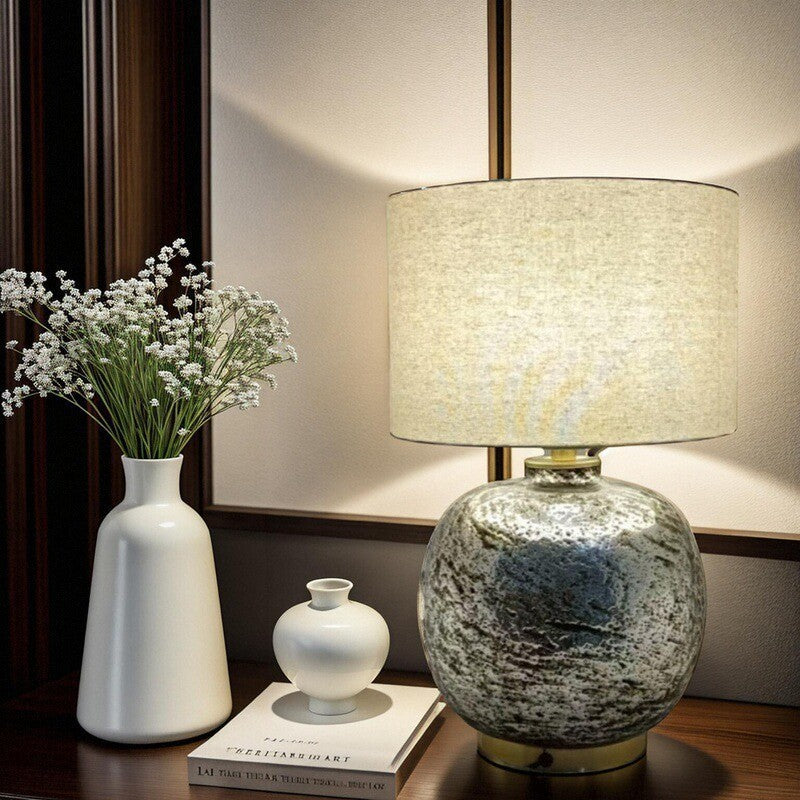 Modern Shabby Chic Glass Imitating Rock Stone Texture Fabric Round Shade 1-Light Table Lamp For Bedroom