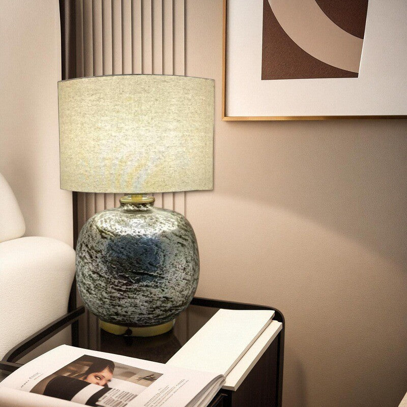 Modern Shabby Chic Glass Imitating Rock Stone Texture Fabric Round Shade 1-Light Table Lamp For Bedroom