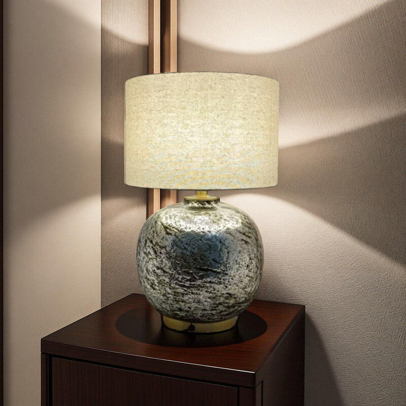Modern Shabby Chic Glass Imitating Rock Stone Texture Fabric Round Shade 1-Light Table Lamp For Bedroom