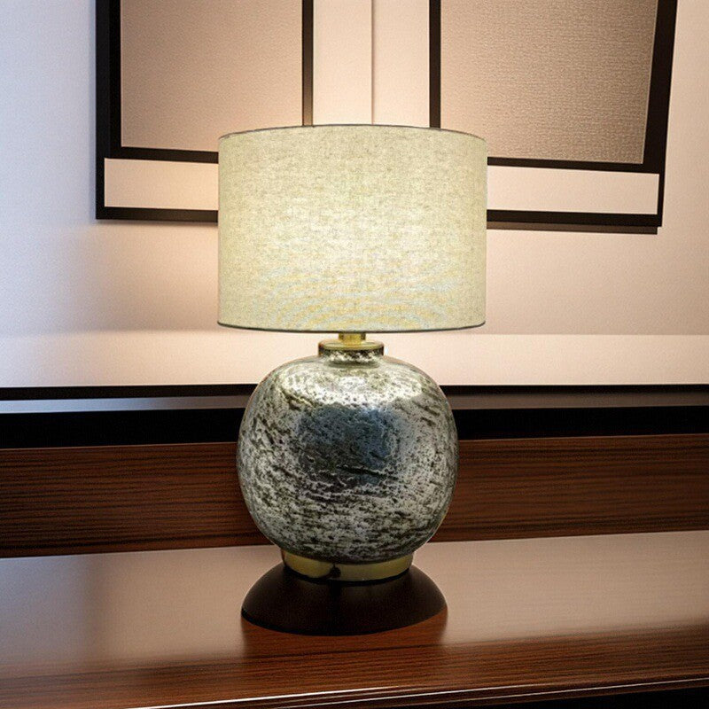 Modern Shabby Chic Glass Imitating Rock Stone Texture Fabric Round Shade 1-Light Table Lamp For Bedroom