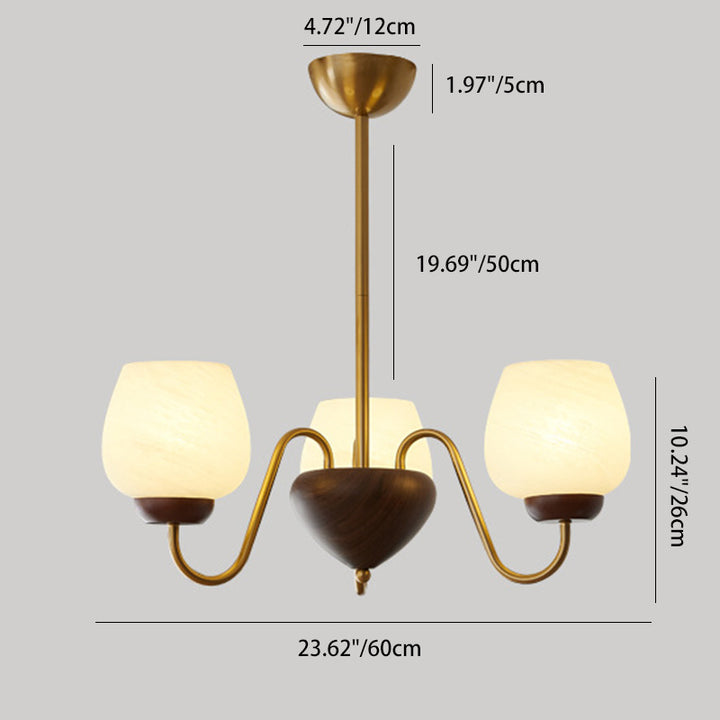 Traditional French Solid Wood Curved Iron Glass Cup Shade 3/5/8-Light Chandelier For Living Room