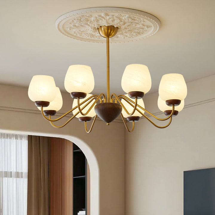 Traditioneller französischer Kronleuchter aus massivem Holz mit gebogenem Eisen und Glasschirm, 3/5/8-Licht für das Wohnzimmer 