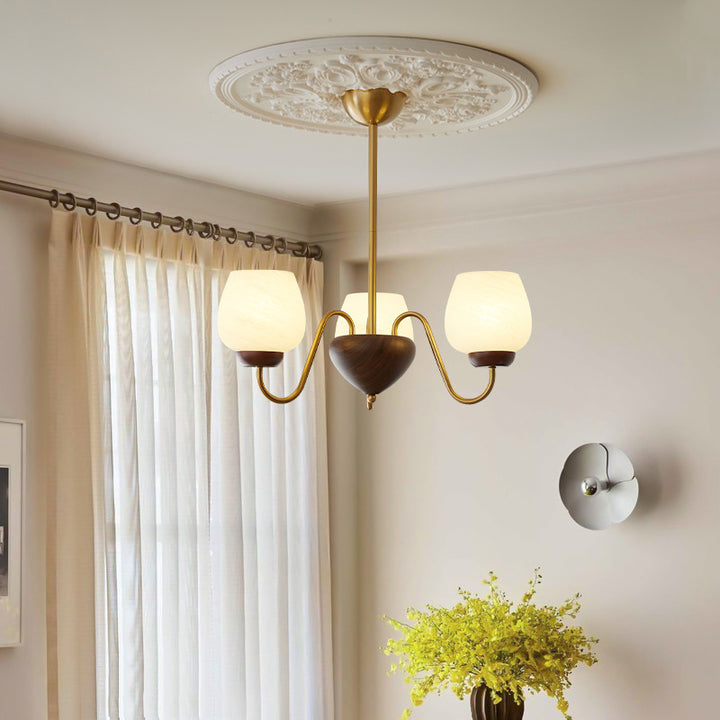 Traditional French Solid Wood Curved Iron Glass Cup Shade 3/5/8-Light Chandelier For Living Room