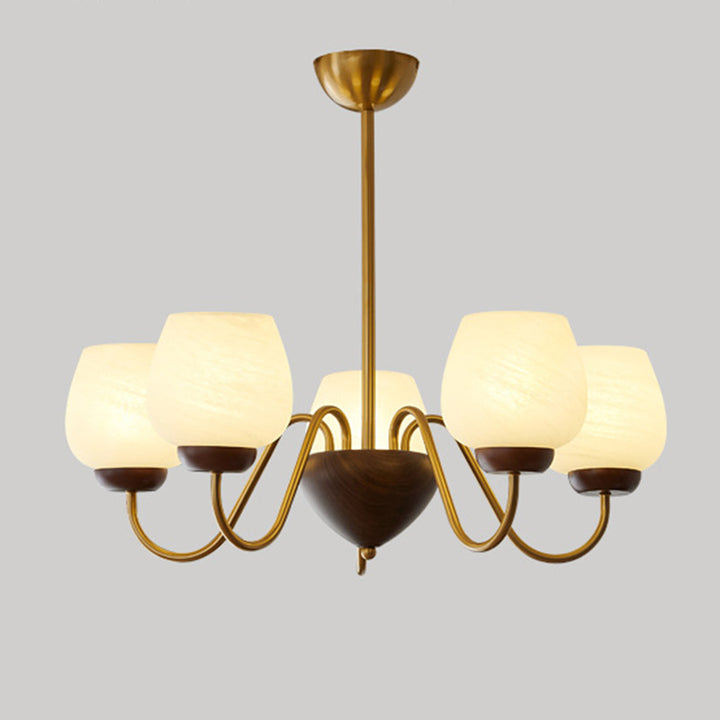 Traditioneller französischer Kronleuchter aus massivem Holz mit gebogenem Eisen und Glasschirm, 3/5/8-Licht für das Wohnzimmer 
