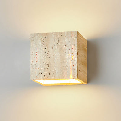 Traditional Japanese Beige Travertine Cube LED Wall Sconce Lamp For Bedroom