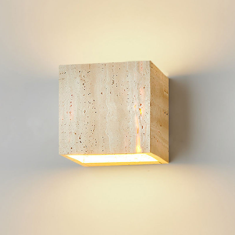 Traditional Japanese Beige Travertine Cube LED Wall Sconce Lamp For Bedroom