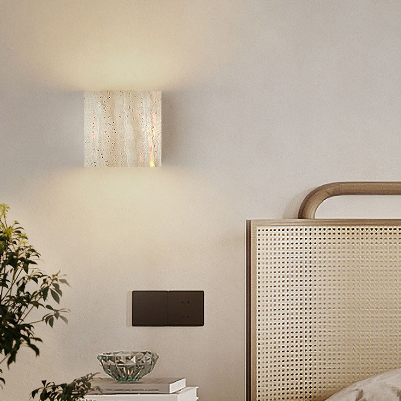 Traditional Japanese Beige Travertine Cube LED Wall Sconce Lamp For Bedroom