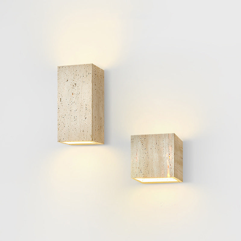 Traditional Japanese Beige Travertine Cube LED Wall Sconce Lamp For Bedroom
