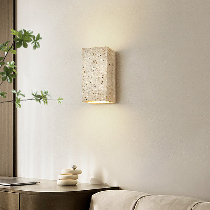 Traditional Japanese Beige Travertine Cube LED Wall Sconce Lamp For Bedroom