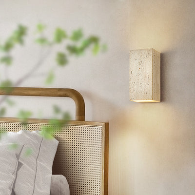 Traditional Japanese Beige Travertine Cube LED Wall Sconce Lamp For Bedroom