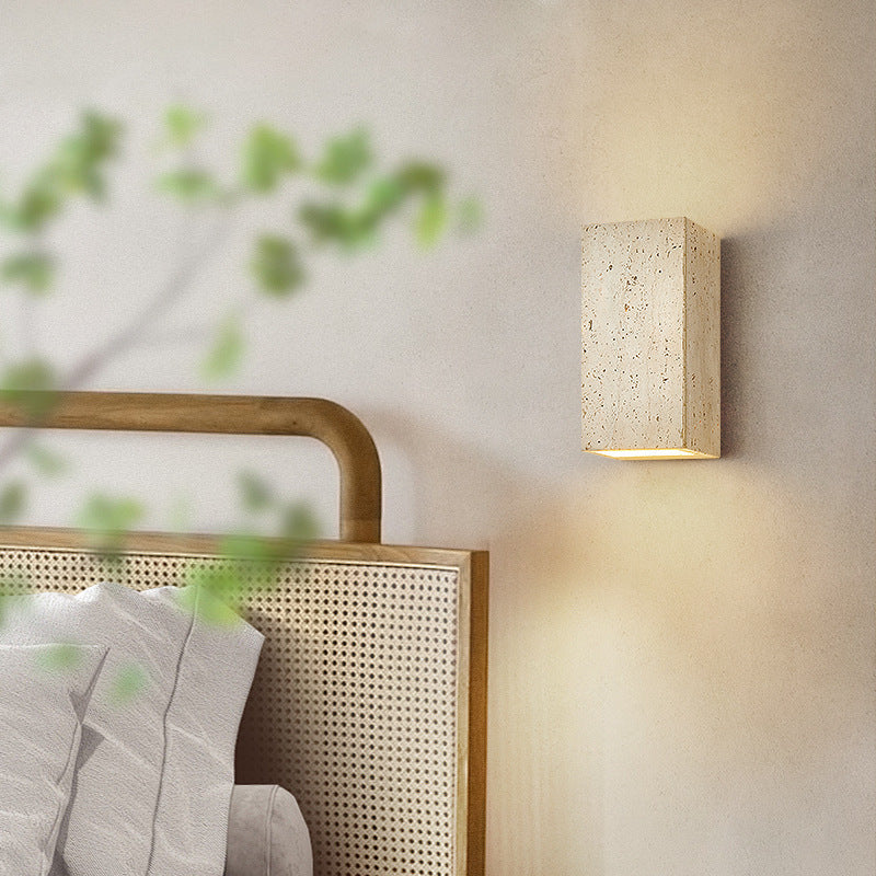 Traditional Japanese Beige Travertine Cube LED Wall Sconce Lamp For Bedroom