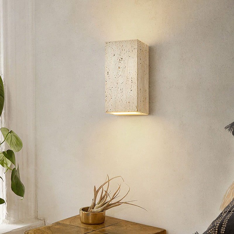 Traditional Japanese Beige Travertine Cube LED Wall Sconce Lamp For Bedroom
