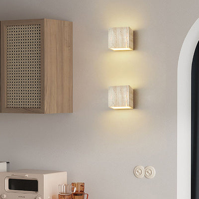 Traditional Japanese Beige Travertine Cube LED Wall Sconce Lamp For Bedroom