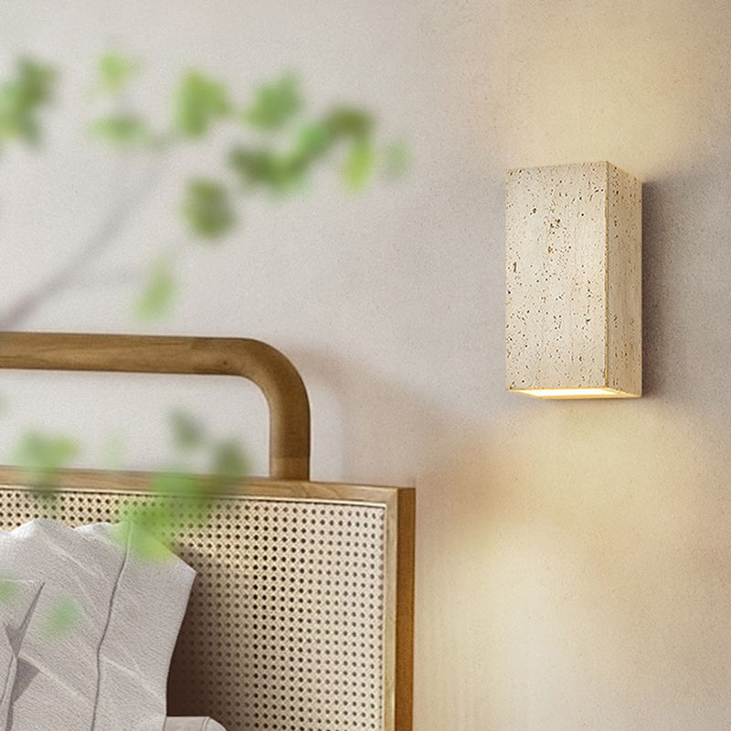 Traditional Japanese Beige Travertine Cube LED Wall Sconce Lamp For Bedroom