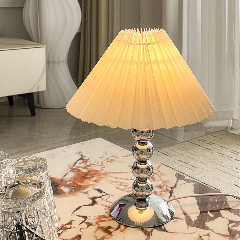 Traditional French Pleated Fabric Conical Shade Iron 1-Light Table Lamp For Bedroom