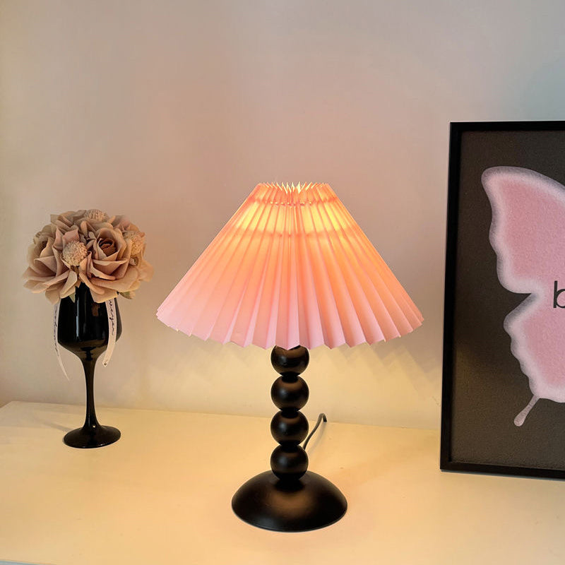 Traditional French Pleated Fabric Conical Shade Iron 1-Light Table Lamp For Bedroom