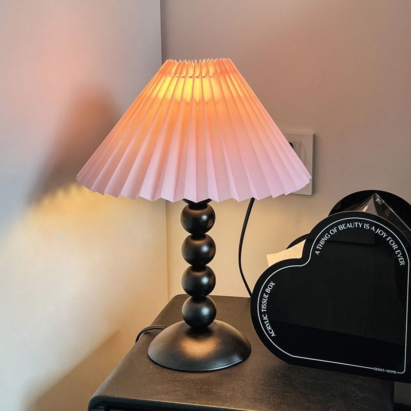 Traditional French Pleated Fabric Conical Shade Iron 1-Light Table Lamp For Bedroom