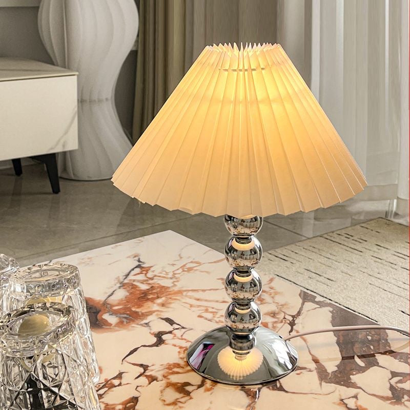 Traditional French Pleated Fabric Conical Shade Iron 1-Light Table Lamp For Bedroom