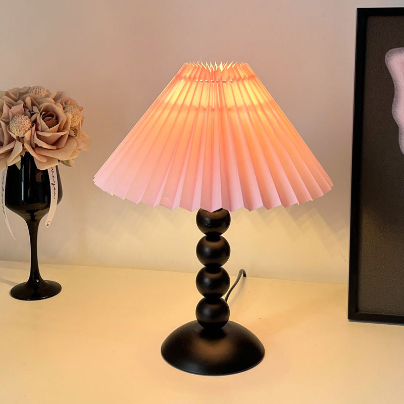 Traditional French Pleated Fabric Conical Shade Iron 1-Light Table Lamp For Bedroom