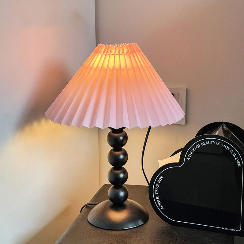 Traditional French Pleated Fabric Conical Shade Iron 1-Light Table Lamp For Bedroom