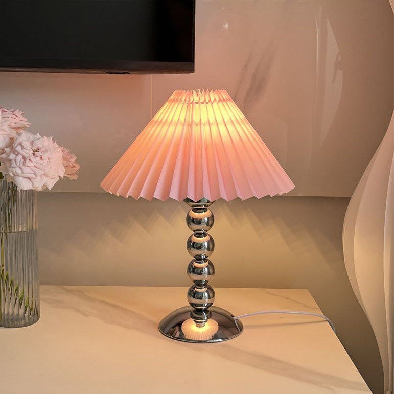 Traditional French Pleated Fabric Conical Shade Iron 1-Light Table Lamp For Bedroom