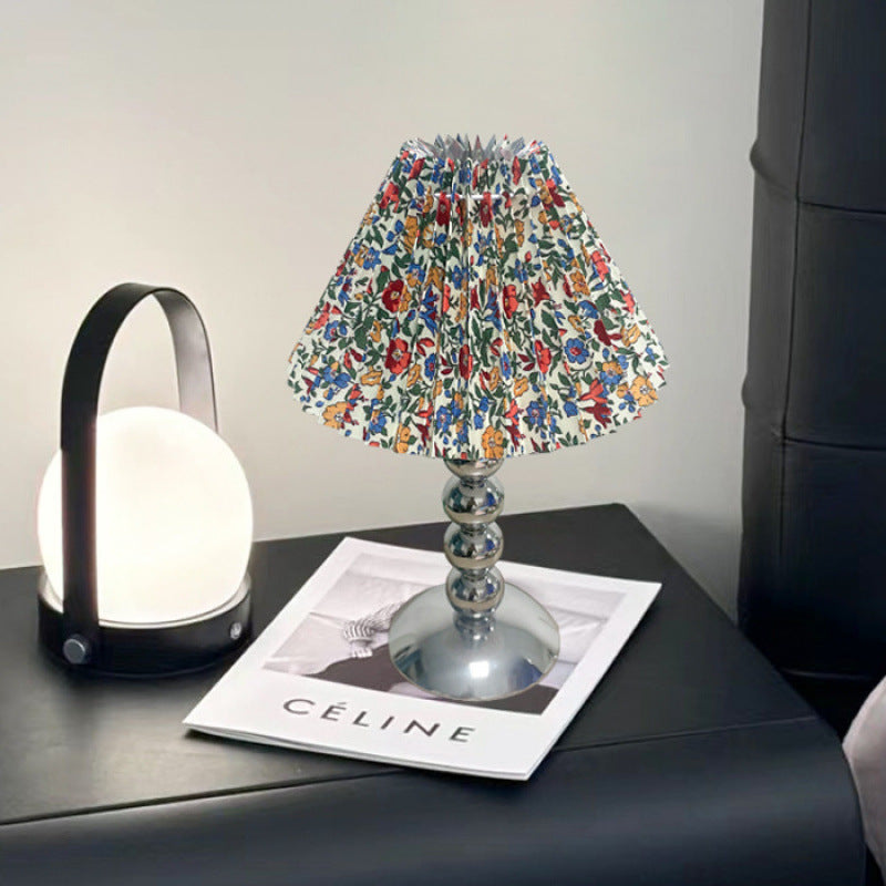 Traditional French Pleated Fabric Conical Shade Iron 1-Light Table Lamp For Bedroom