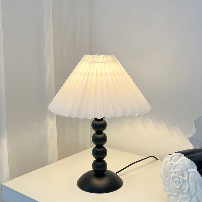 Traditional French Pleated Fabric Conical Shade Iron 1-Light Table Lamp For Bedroom