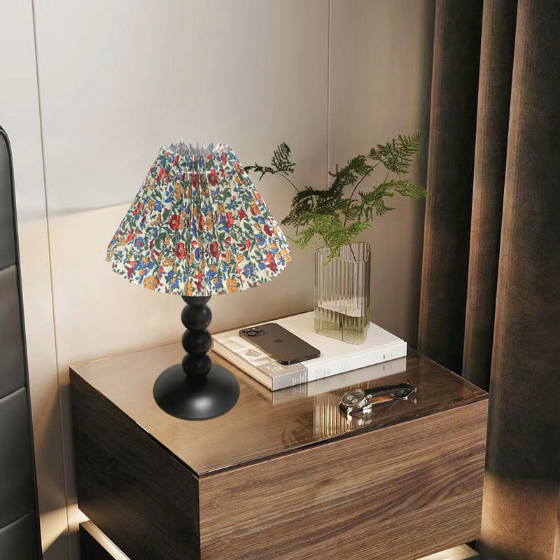 Traditional French Pleated Fabric Conical Shade Iron 1-Light Table Lamp For Bedroom
