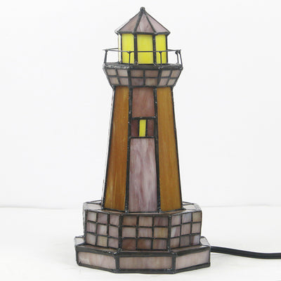 Traditional Tiffany Stained Glass Lighthouse Hardware 1-Light Table Lamp For Bedroom
