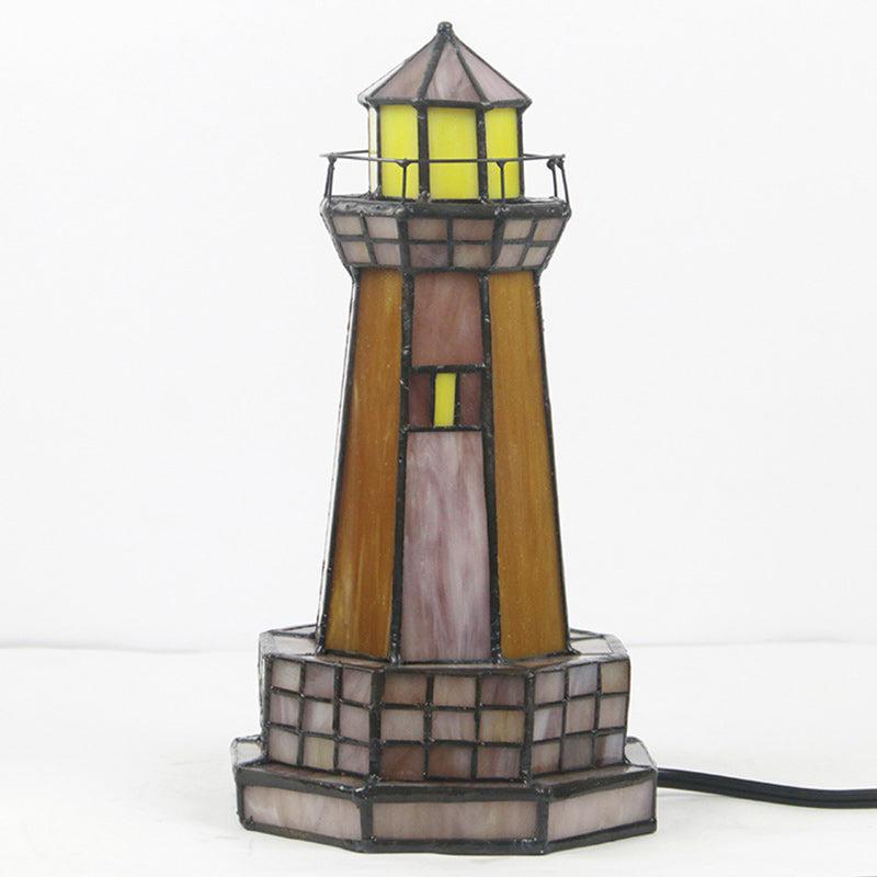 Traditional Tiffany Stained Glass Lighthouse Hardware 1-Light Table Lamp For Bedroom