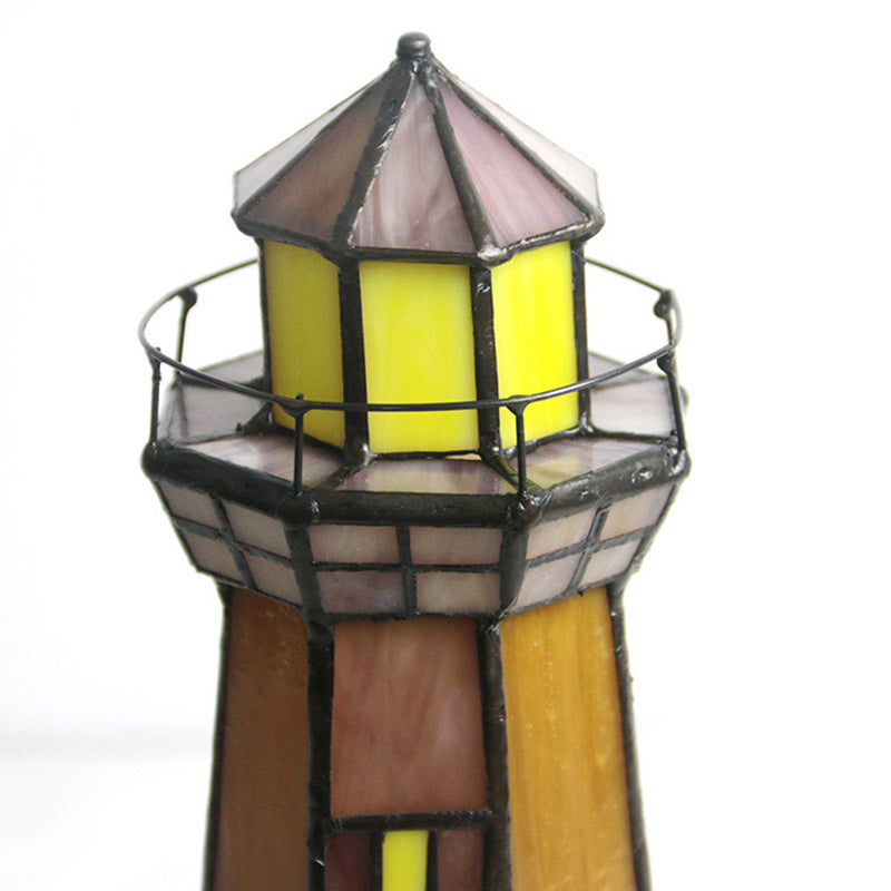 Traditional Tiffany Stained Glass Lighthouse Hardware 1-Light Table Lamp For Bedroom