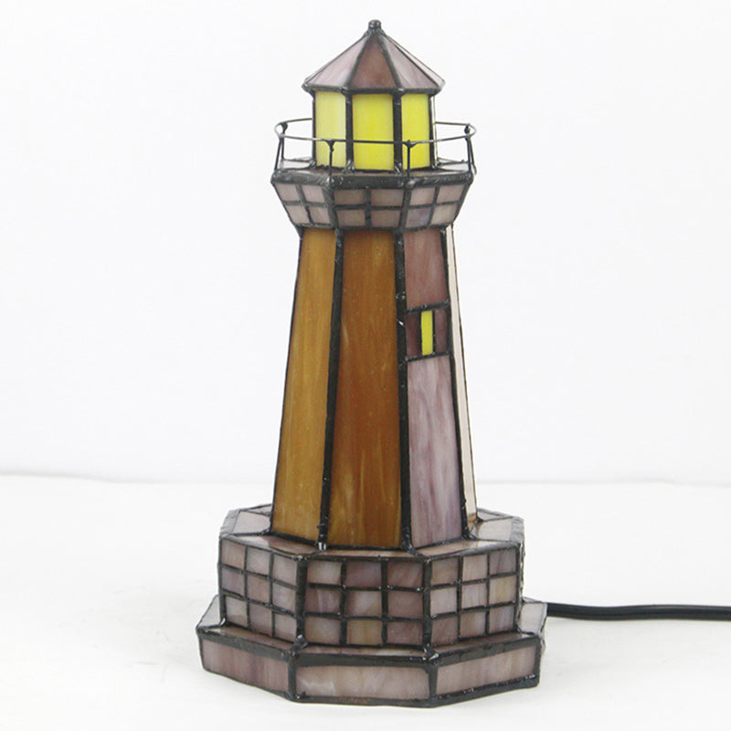 Traditional Tiffany Stained Glass Lighthouse Hardware 1-Light Table Lamp For Bedroom