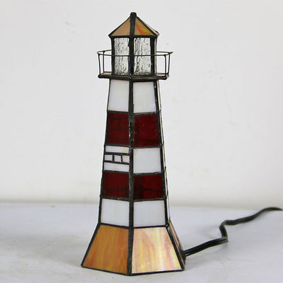 Traditional Tiffany Stained Glass Lighthouse Hardware 1-Light Table Lamp For Bedroom