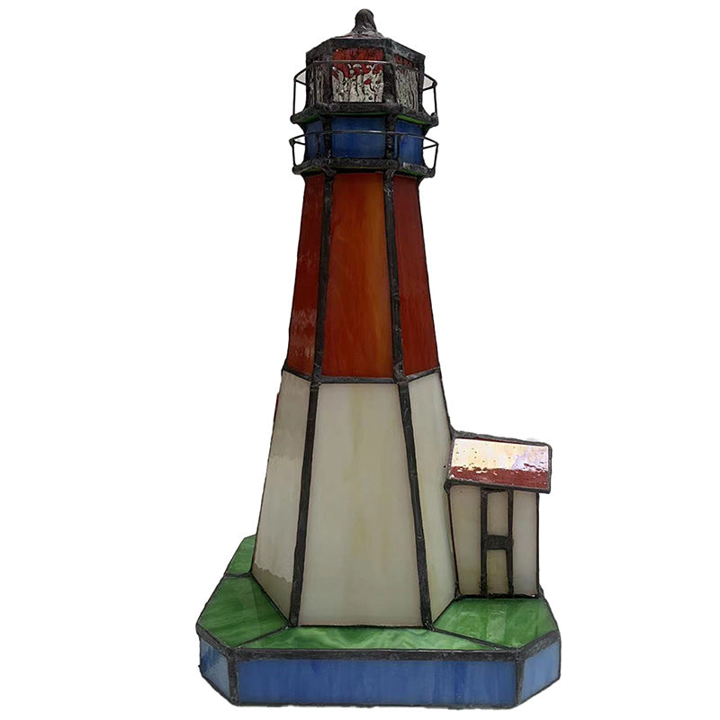 Traditional Tiffany Stained Glass Lighthouse Hardware 1-Light Table Lamp For Bedroom