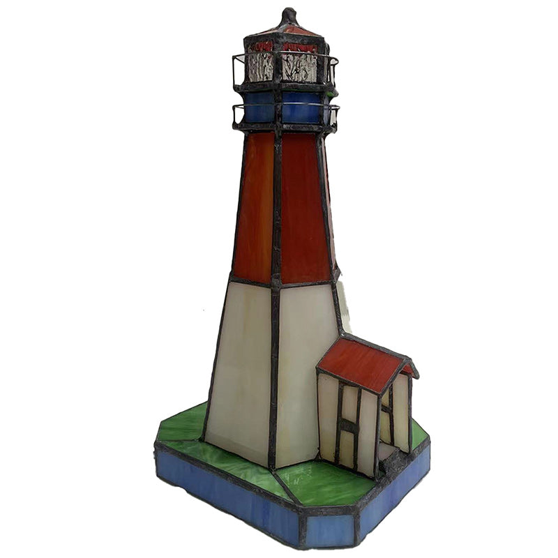 Traditional Tiffany Stained Glass Lighthouse Hardware 1-Light Table Lamp For Bedroom