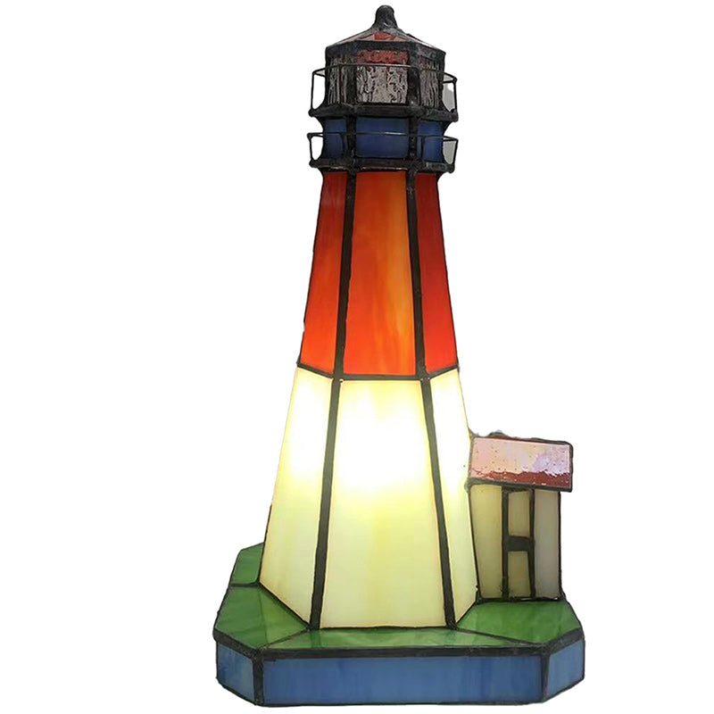 Traditional Tiffany Stained Glass Lighthouse Hardware 1-Light Table Lamp For Bedroom