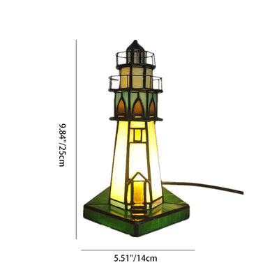Traditional Tiffany Stained Glass Lighthouse Hardware 1-Light Table Lamp For Bedroom