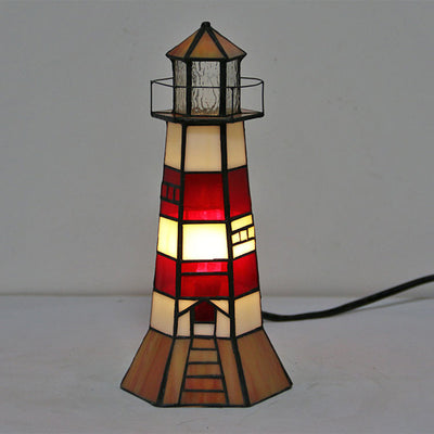 Traditional Tiffany Stained Glass Lighthouse Hardware 1-Light Table Lamp For Bedroom